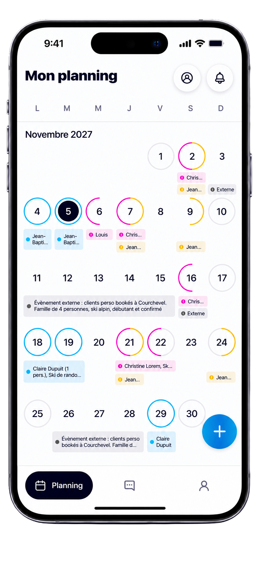 Le planning Infiniski : vos cours, vos disponibilités et vos clients réunis dans un calendrier.