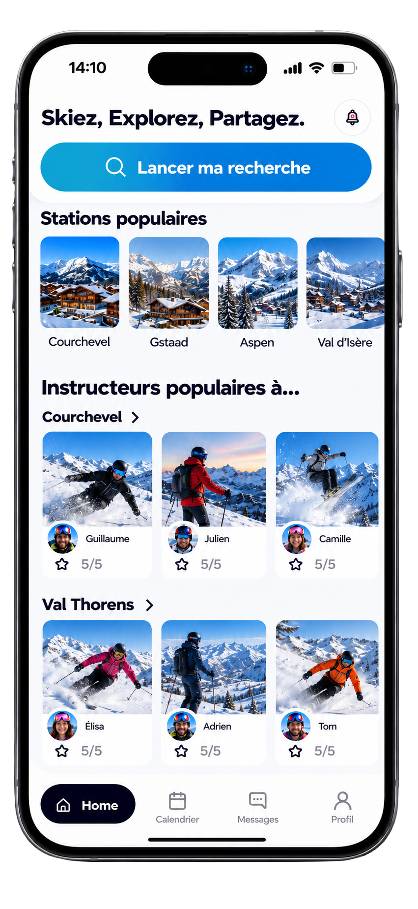 L’accueil Infiniski : trouvez votre station et découvrez les profils des moniteurs.