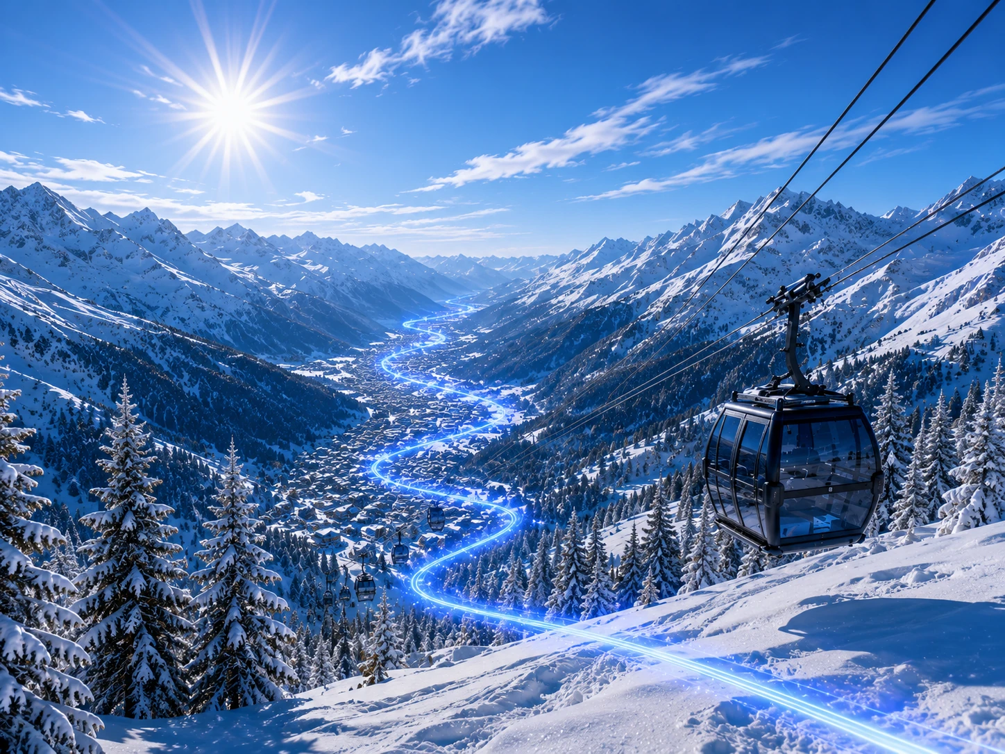 Une cabine au-dessus d’une vallée de montagne traversée par un faisceau bleu.