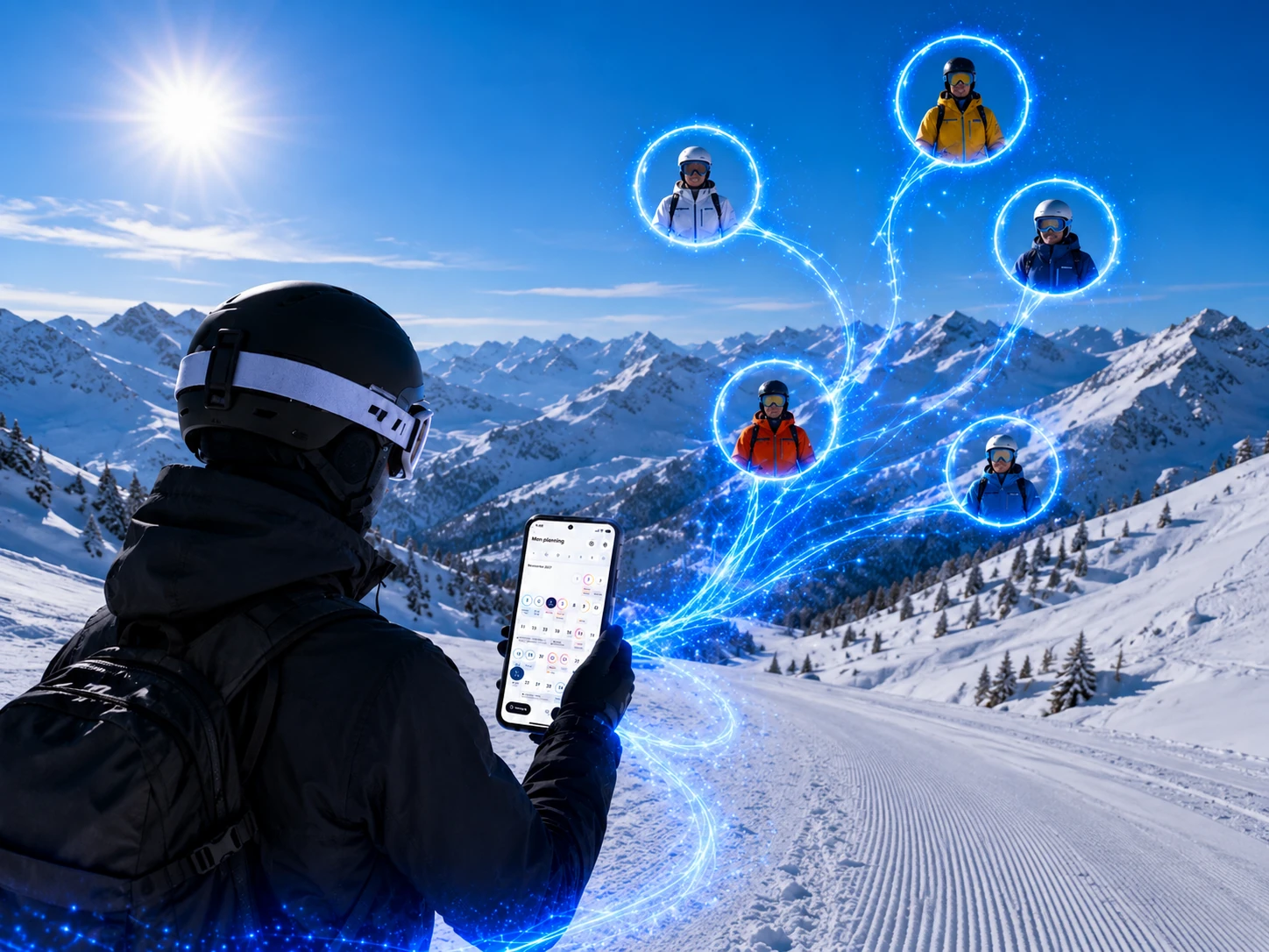 Illustration de la mise en relation : le téléphone d’un instructeur relié aux skieurs par les faisceaux bleus.