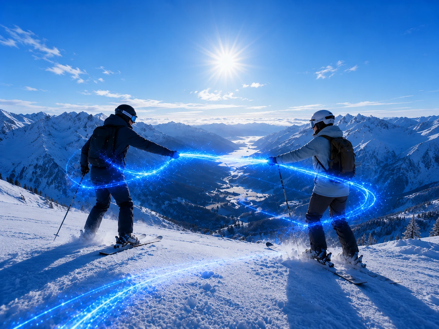 Deux skieurs face aux montagnes, reliés par un faisceau de lumière bleue.