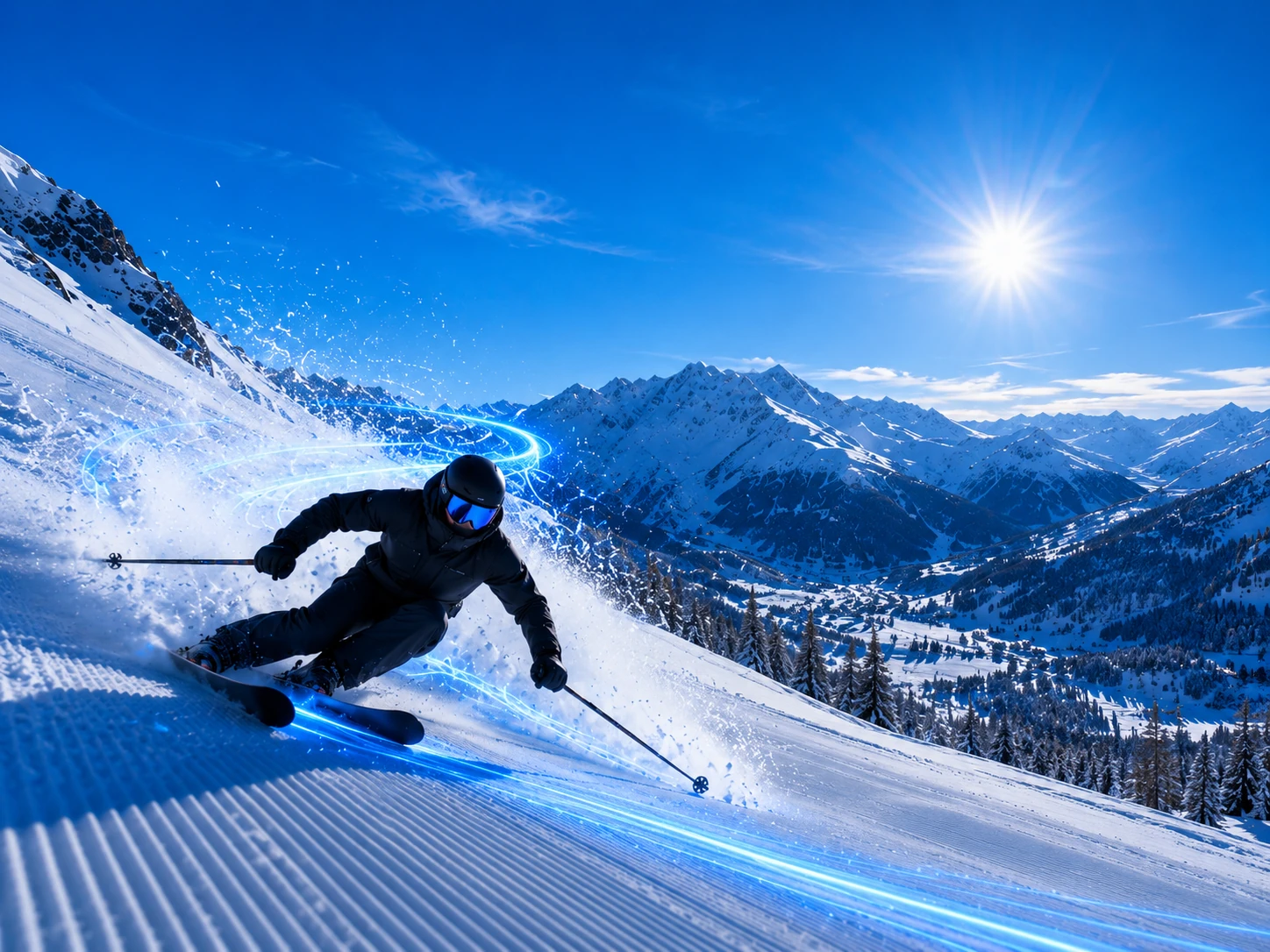 Un skieur en plein virage carving, suivi par un faisceau bleu sur la neige.